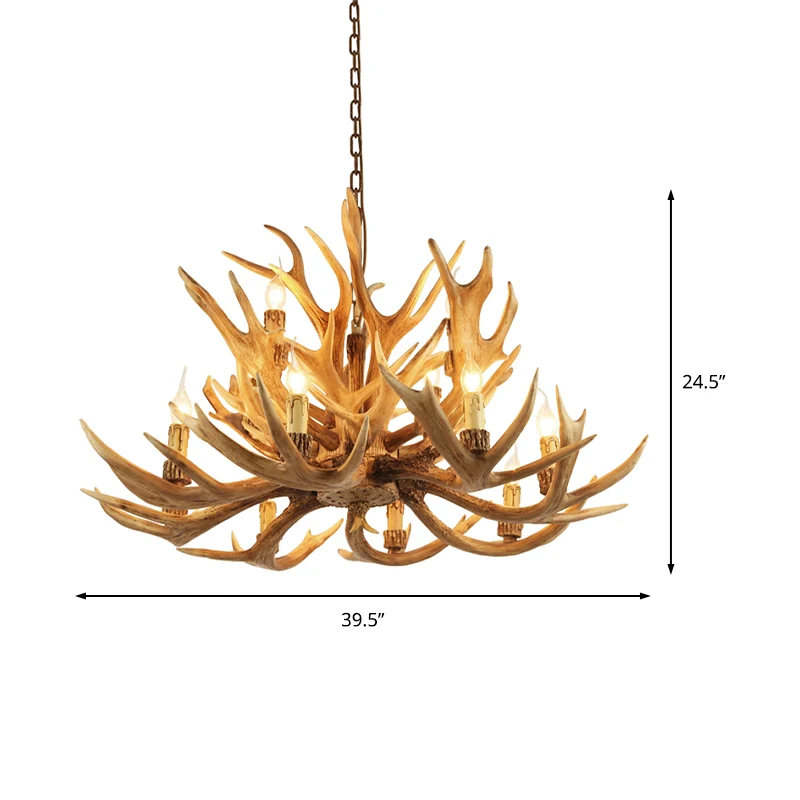 Village Candelabra hangende hanger 12-lichts hars plafondkroonluchter met gewei bruin voor woonkamer Clearhalo