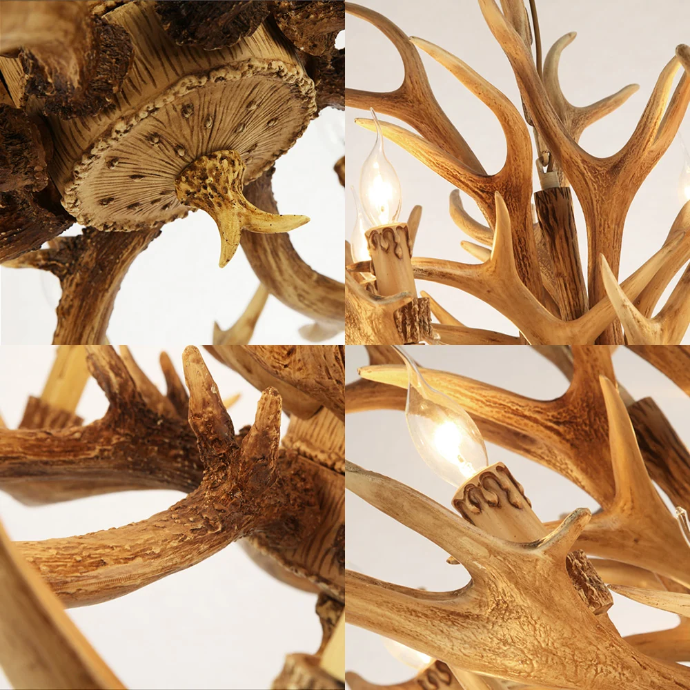 Village Candelabra hangende hanger 12-lichts hars plafondkroonluchter met gewei bruin voor woonkamer Clearhalo