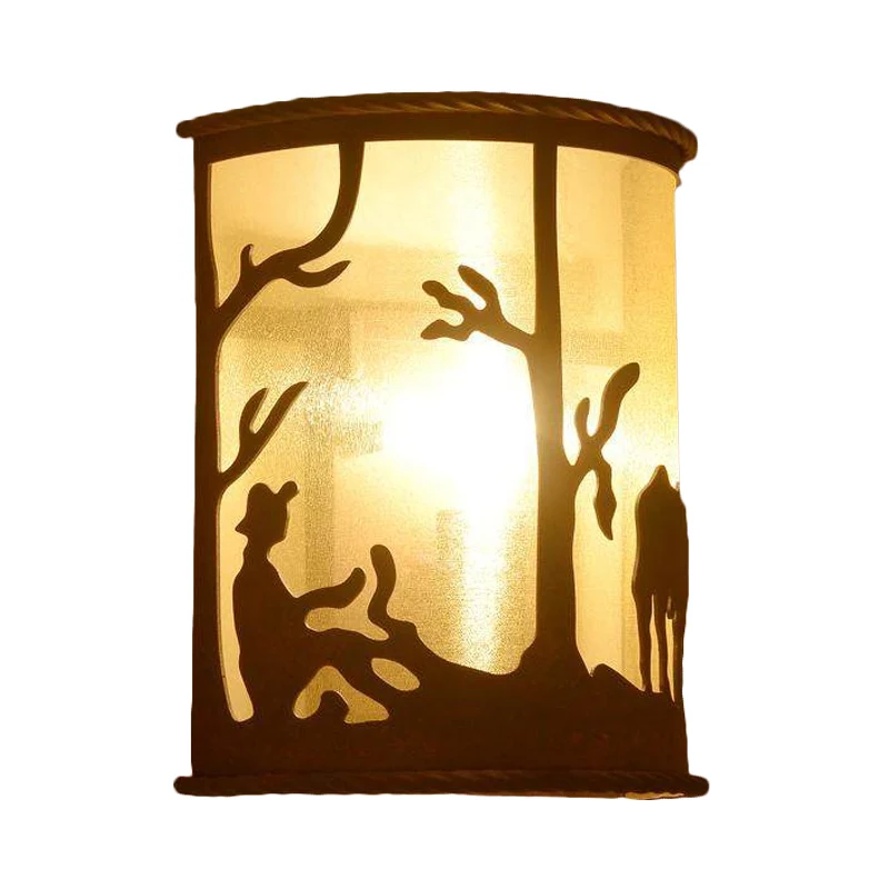 Vintage cilinder schanslamp 1 lamp metaal en stof wandgemonteerd licht roest voor restaurant met dierenpatroon Clearhalo