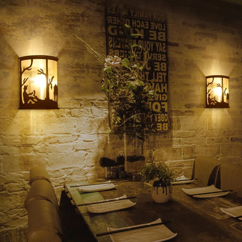 Vintage cilinder schanslamp 1 lamp metaal en stof wandgemonteerd licht roest voor restaurant met dierenpatroon Clearhalo