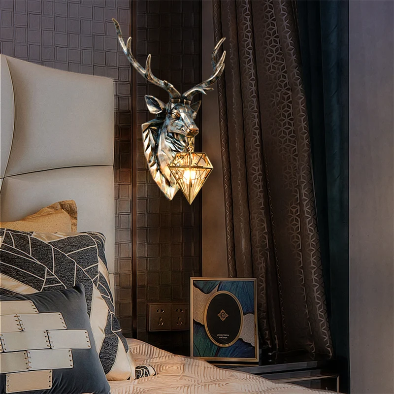 Vintage diamant messing metalen schans licht 1 licht wandlamp met hars herten decoratie, 16"/18,5" breed Clearhalo