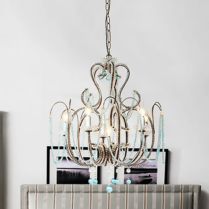Vintage kaars hanglamp met licht koningsblauwe kristallen kraal 6-lichts kroonluchterlamp voor slaapkamer Clearhalo