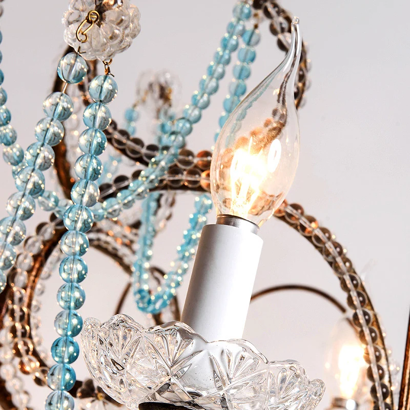 Vintage kaars hanglamp met licht koningsblauwe kristallen kraal 6-lichts kroonluchterlamp voor slaapkamer Clearhalo
