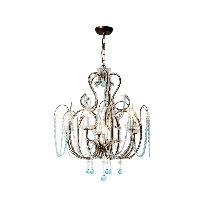 Vintage kaars hanglamp met licht koningsblauwe kristallen kraal 6-lichts kroonluchterlamp voor slaapkamer Clearhalo