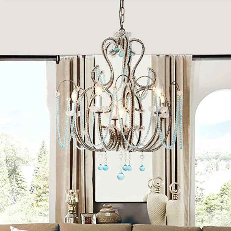 Vintage kaars hanglamp met licht koningsblauwe kristallen kraal 6-lichts kroonluchterlamp voor slaapkamer Clearhalo