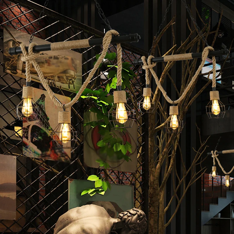 Vintage schaduwrijke hanglamp, ijzeren hangende eilandlamp met henneptouw zwart Clearhalo