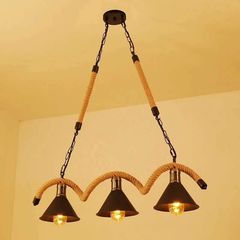 Vintage schaduwrijke hanglamp, ijzeren hangende eilandlamp met henneptouw zwart Clearhalo