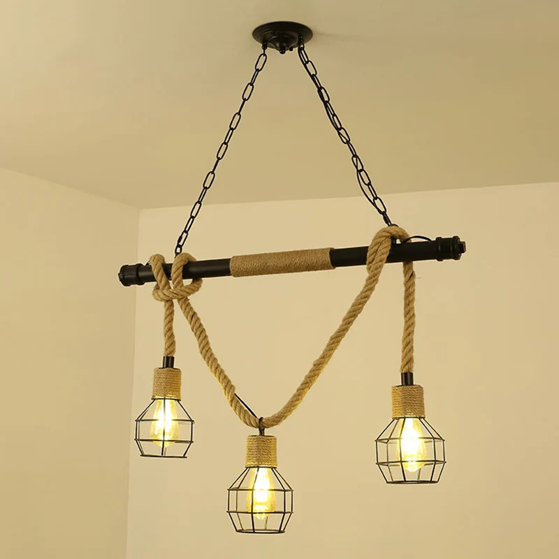 Vintage schaduwrijke hanglamp, ijzeren hangende eilandlamp met henneptouw zwart Clearhalo