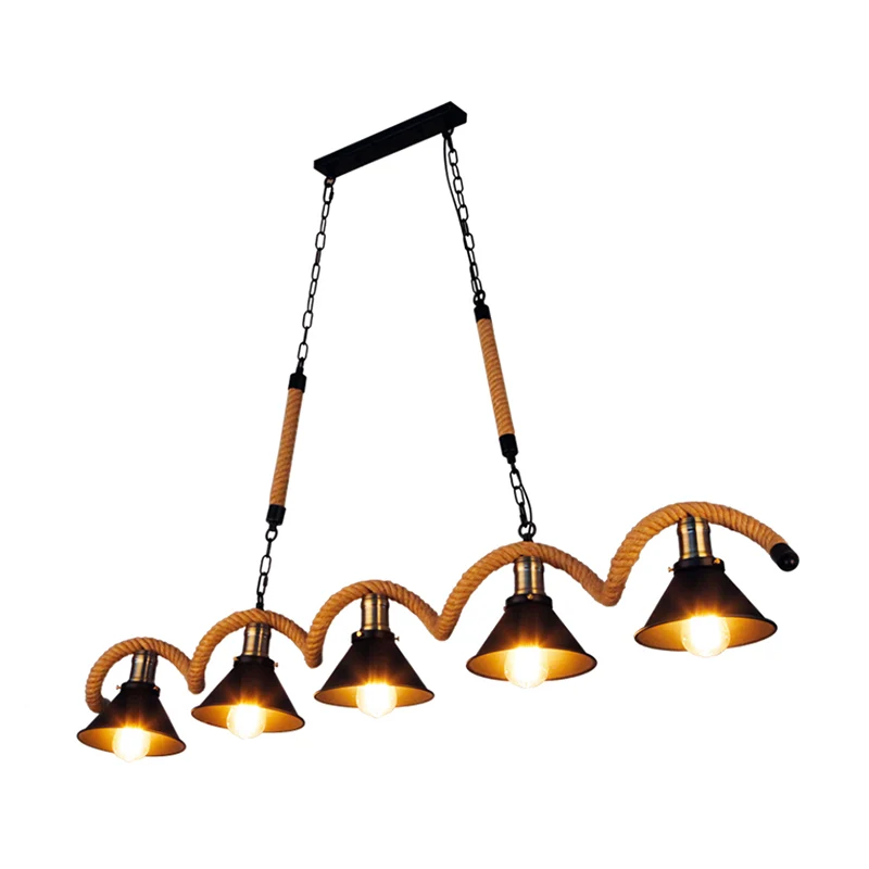 Vintage schaduwrijke hanglamp, ijzeren hangende eilandlamp met henneptouw zwart Clearhalo