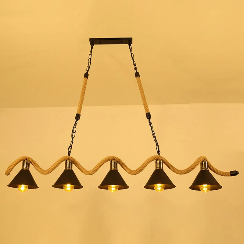Vintage schaduwrijke hanglamp, ijzeren hangende eilandlamp met henneptouw zwart Clearhalo
