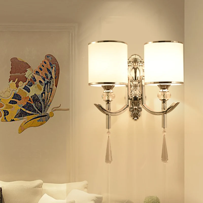 Vintage stijl cilinder wandkandelaar stof 1/2-kops gang wandverlichting met gesneden achterplaat chroom Clearhalo