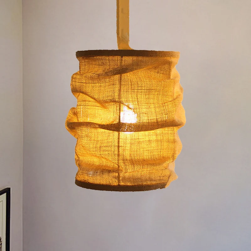 Vintage stijl lantaarn plafondarmatuur 6,5"/9" W 1 lamp linnen hanglamp met touwkoord geel voor eetkamer Clearhalo