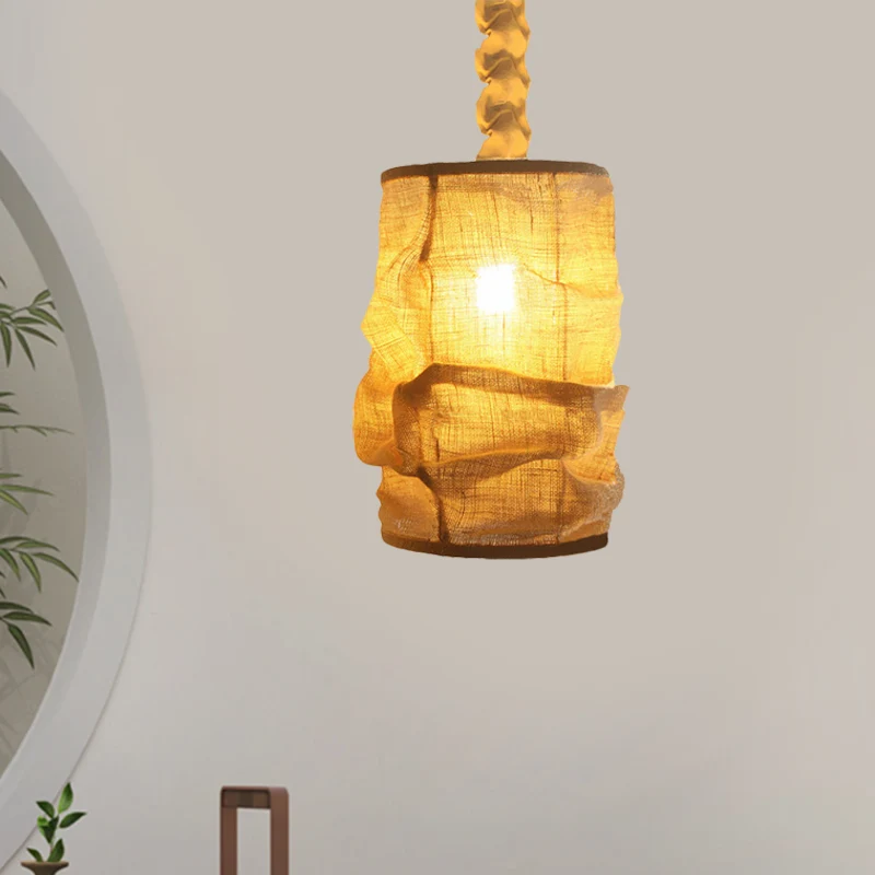 Vintage stijl lantaarn plafondarmatuur 6,5"/9" W 1 lamp linnen hanglamp met touwkoord geel voor eetkamer Clearhalo