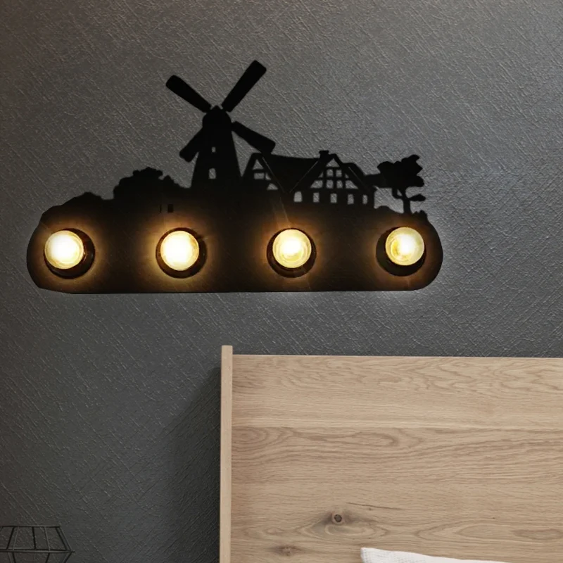 Vintage transportband schanslamp Meta 4-lichts zwarte wandlamp met windmolen voor slaapkamer Clearhalo