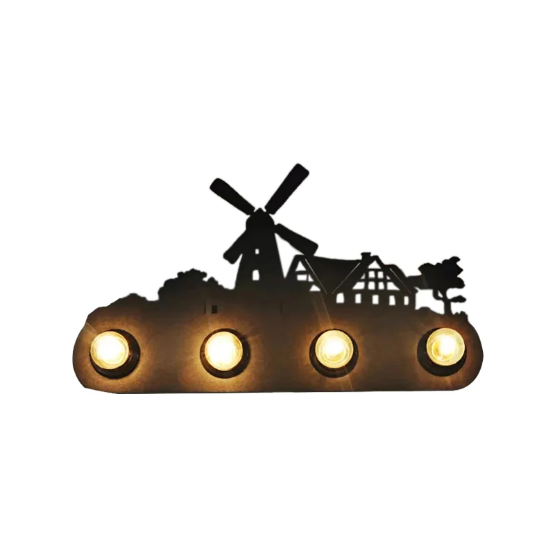 Vintage transportband schanslamp Meta 4-lichts zwarte wandlamp met windmolen voor slaapkamer Clearhalo