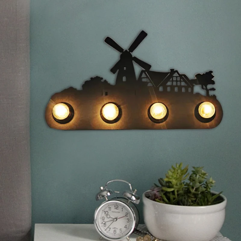 Vintage transportband schanslamp Meta 4-lichts zwarte wandlamp met windmolen voor slaapkamer Clearhalo