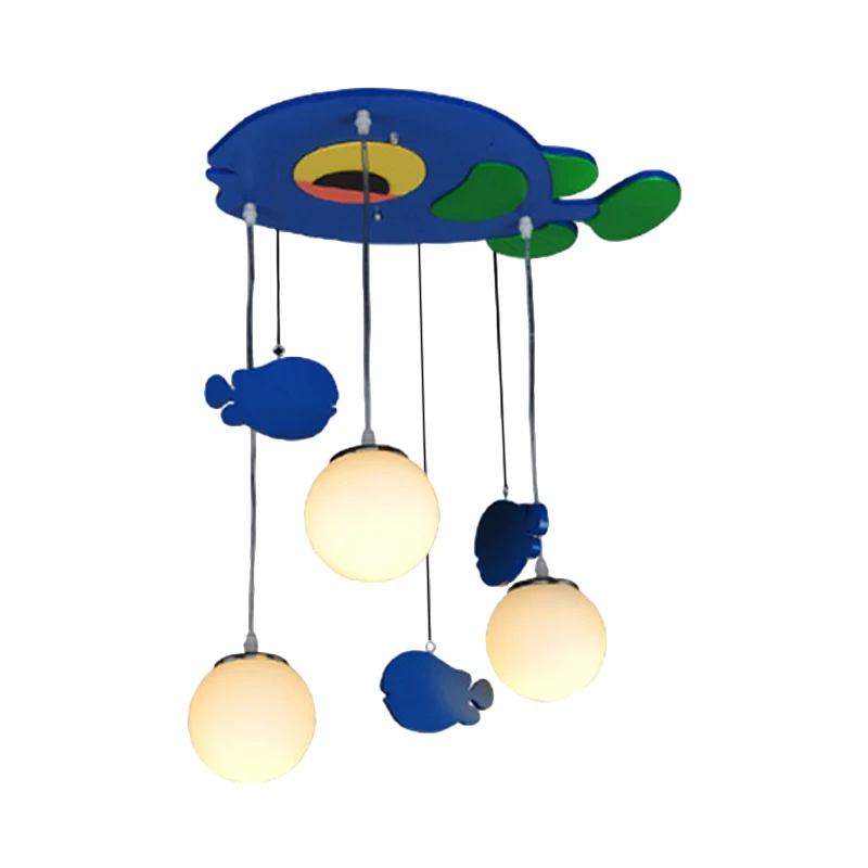Vis houten multi-lichthanger kinderen 3 lampen blauwe hanglamp met bol witte glazen kap Clearhalo