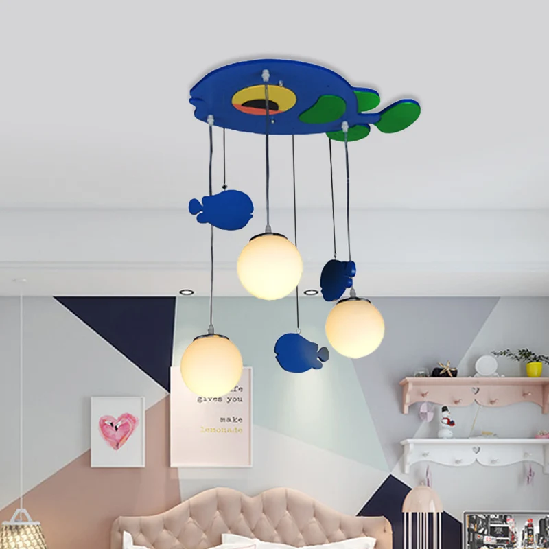 Vis houten multi-lichthanger kinderen 3 lampen blauwe hanglamp met bol witte glazen kap Clearhalo