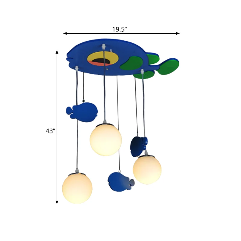 Vis houten multi-lichthanger kinderen 3 lampen blauwe hanglamp met bol witte glazen kap Clearhalo
