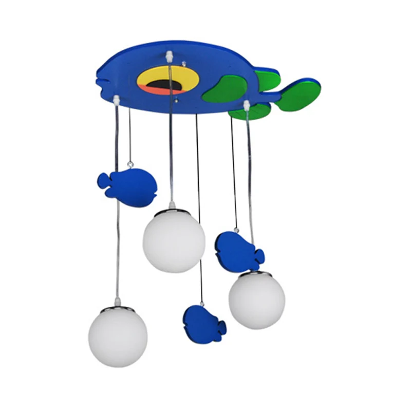 Vis houten multi-lichthanger kinderen 3 lampen blauwe hanglamp met bol witte glazen kap Clearhalo