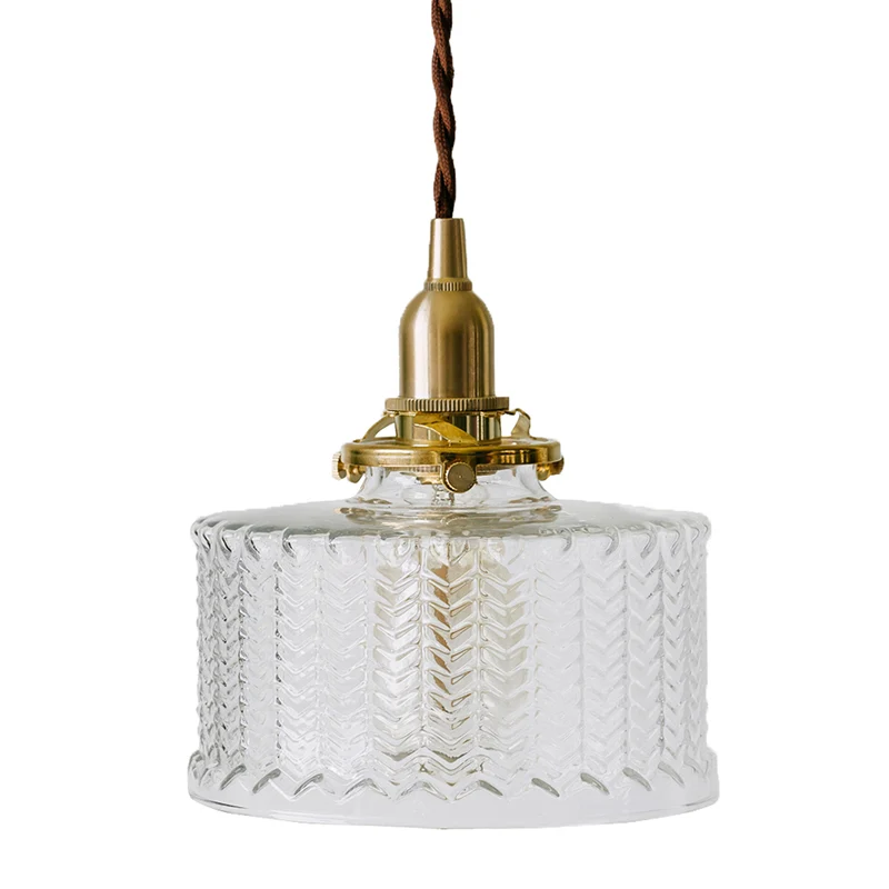 Visgraattextuur Glas Hanglamp Messing Drum Schaduw Hanglamp voor Slaapkamer Eetkamer Clearhalo