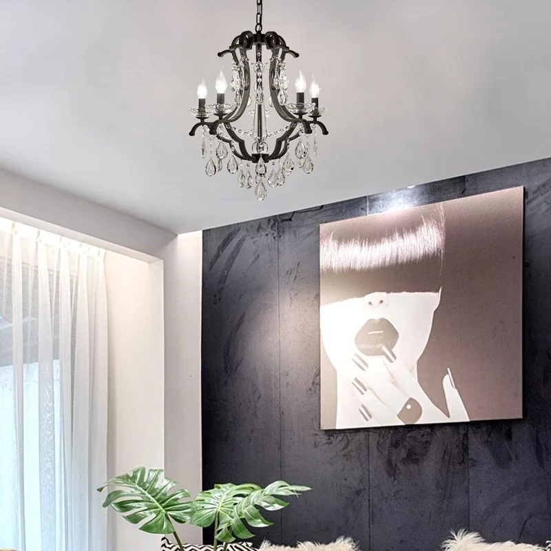 Vlamloze kaars hanglamp industrieel helder kristal 5/6 lampen hanglamp zwart voor slaapkamer Clearhalo