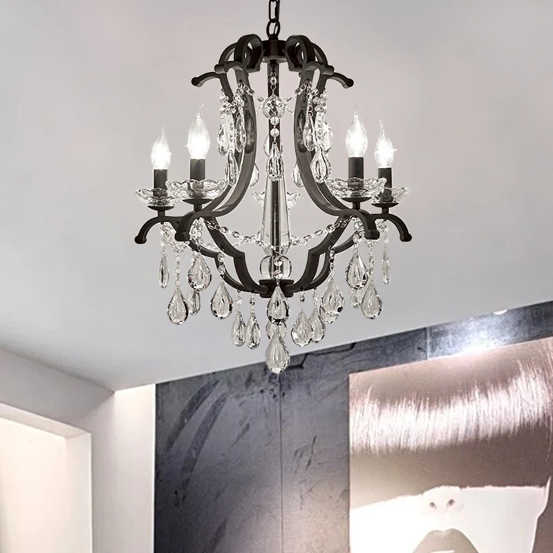 Vlamloze kaars hanglamp industrieel helder kristal 5/6 lampen hanglamp zwart voor slaapkamer Clearhalo