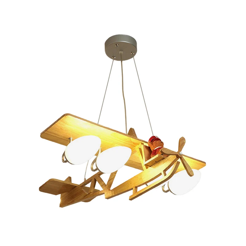 Vliegtuig kinderkamer hangende verlichting houten 4-koppige cartoon kroonluchter beige met kogelwitte glazen kap Clearhalo
