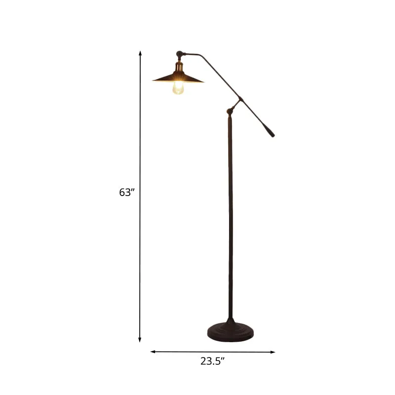 Vloerlamp met metalen kegel en zwenkarm. Nordic enkele lamp met zwarte afwerking. Staande lamp Clearhalo