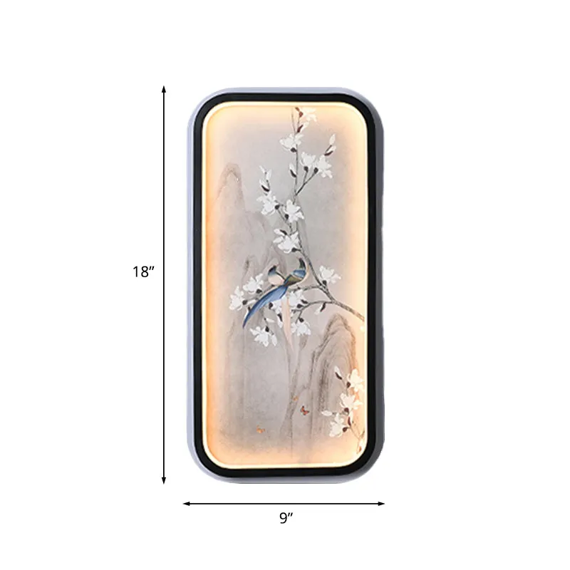 Vogel- en bloemtekening Stof Muurschildering Lamp Chinese zwart-witte LED-wandverlichting Clearhalo