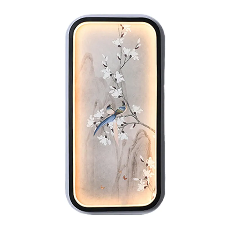 Vogel- en bloemtekening Stof Muurschildering Lamp Chinese zwart-witte LED-wandverlichting Clearhalo