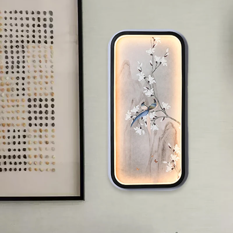 Vogel- en bloemtekening Stof Muurschildering Lamp Chinese zwart-witte LED-wandverlichting Clearhalo