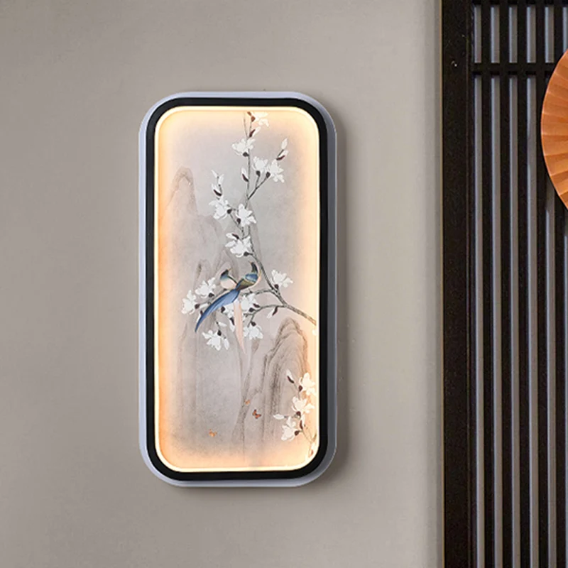Vogel- en bloemtekening Stof Muurschildering Lamp Chinese zwart-witte LED-wandverlichting Clearhalo
