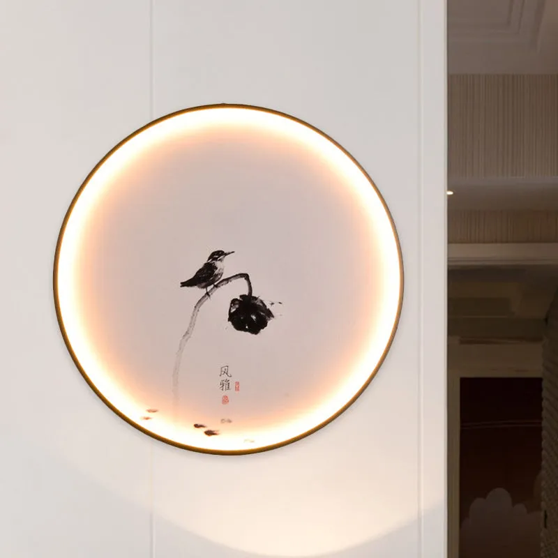 Vogel- en Lotus LED-muurschildering Licht Chinese stijl aluminium eetkamer Ronde inbouwkandelaar zwart Clearhalo