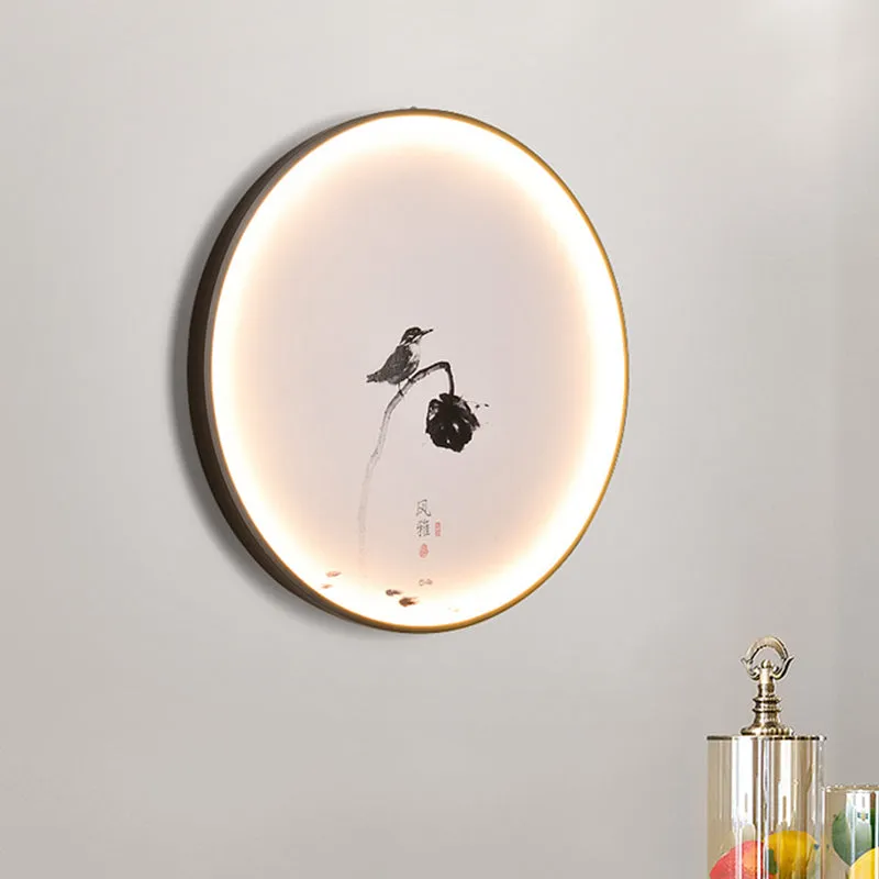 Vogel- en Lotus LED-muurschildering Licht Chinese stijl aluminium eetkamer Ronde inbouwkandelaar zwart Clearhalo