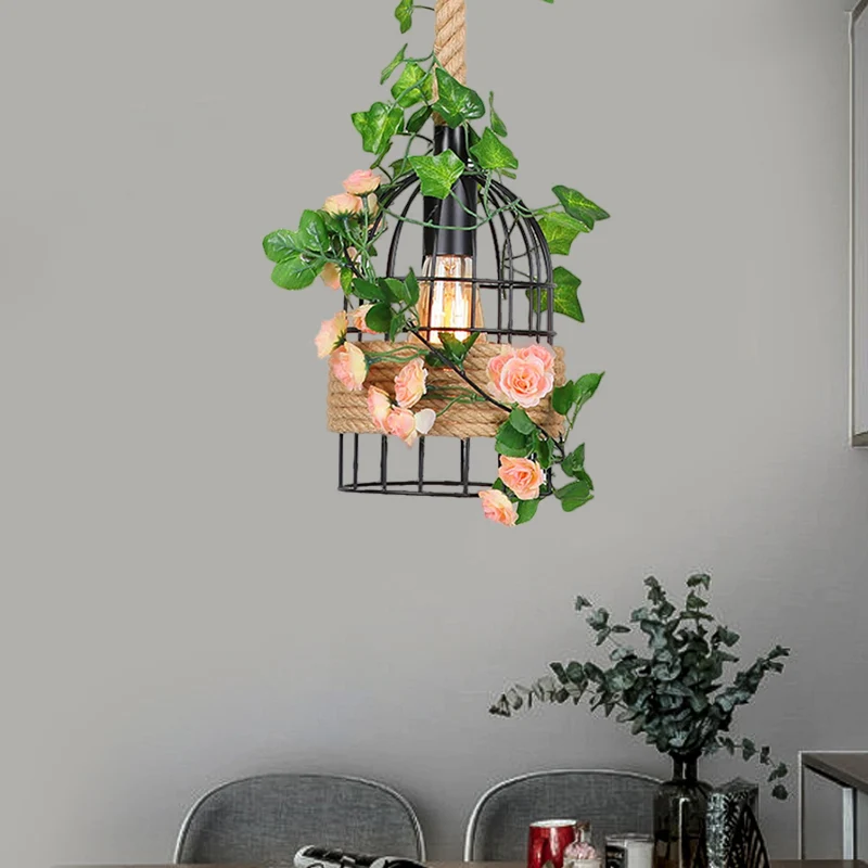 Vogelkooi Eetkamer Plafond Hangarmatuur Antiek Metaal 1 Licht Zwart Roos Hanglamp met touwstang Clearhalo
