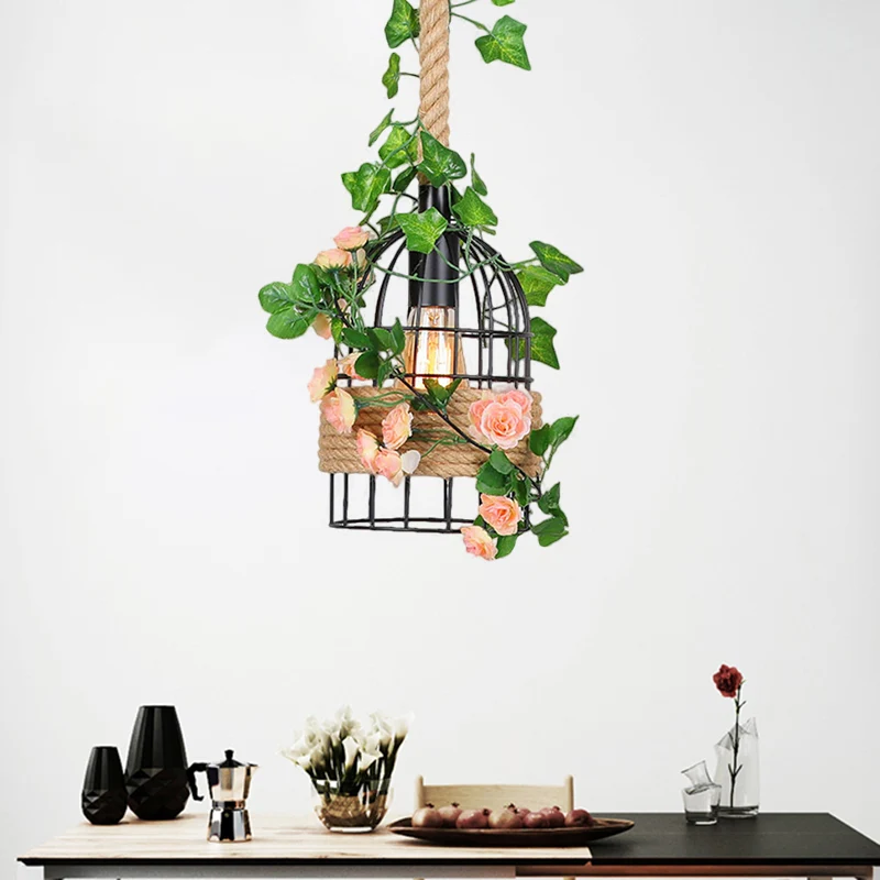 Vogelkooi Eetkamer Plafond Hangarmatuur Antiek Metaal 1 Licht Zwart Roos Hanglamp met touwstang Clearhalo