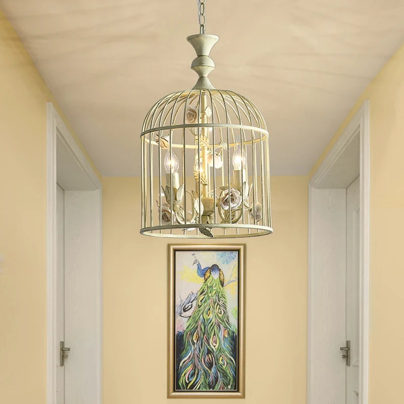Vogelkooi Metalen Hanglamp Rustiek 3/5 Lichten Gang Kroonluchter Licht met Witte Bloem, 12,5"/16" Breed Clearhalo