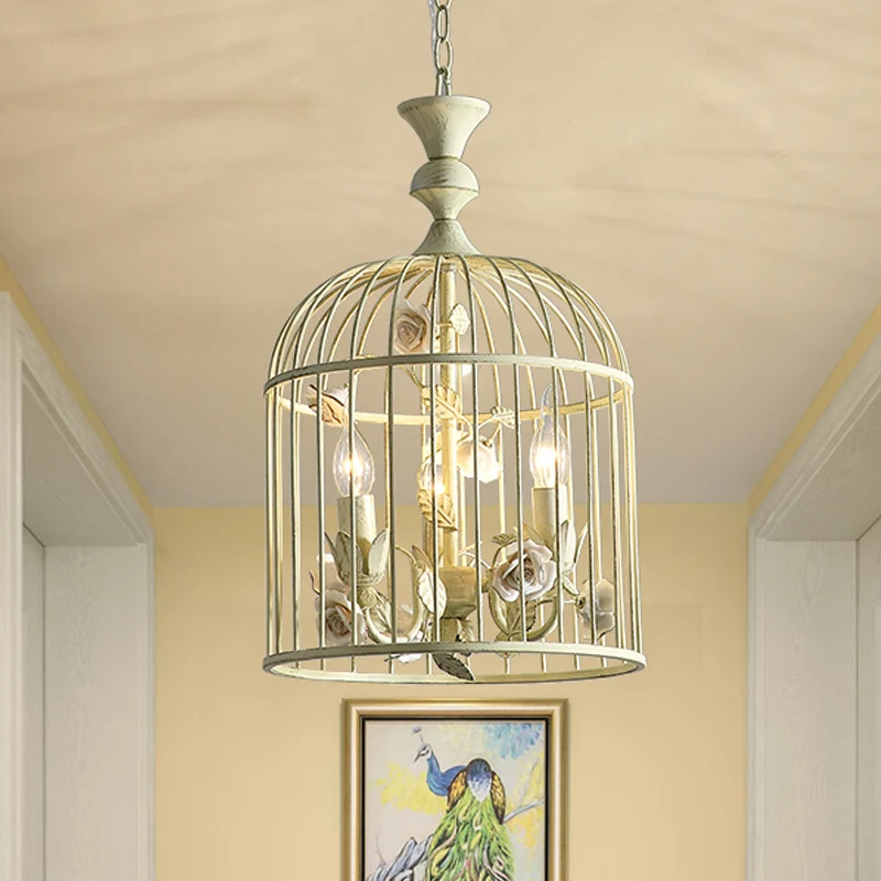 Vogelkooi Metalen Hanglamp Rustiek 3/5 Lichten Gang Kroonluchter Licht met Witte Bloem, 12,5"/16" Breed Clearhalo
