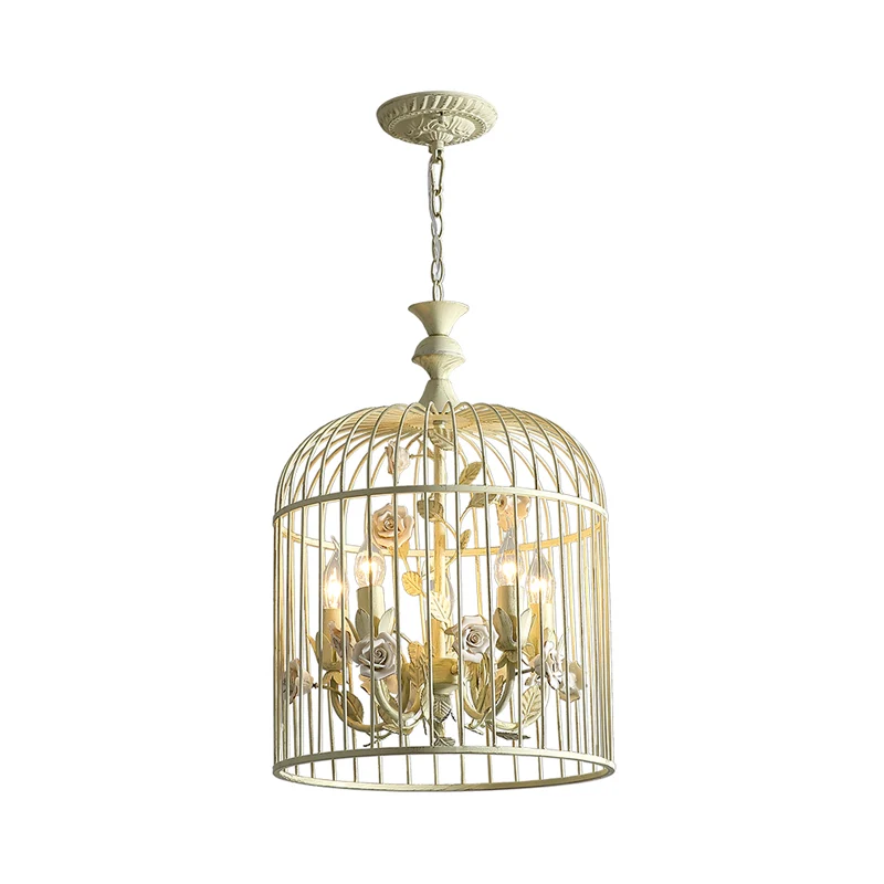 Vogelkooi Metalen Hanglamp Rustiek 3/5 Lichten Gang Kroonluchter Licht met Witte Bloem, 12,5"/16" Breed Clearhalo