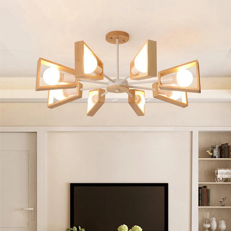 Waaiervormige houten plafondverlichting Scandinavische stijl witte kroonluchter lichtarmatuur voor eetkamer Clearhalo