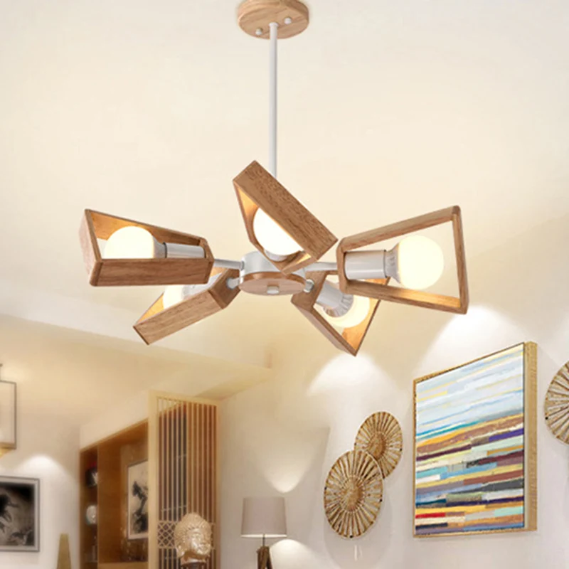 Waaiervormige houten plafondverlichting Scandinavische stijl witte kroonluchter lichtarmatuur voor eetkamer Clearhalo