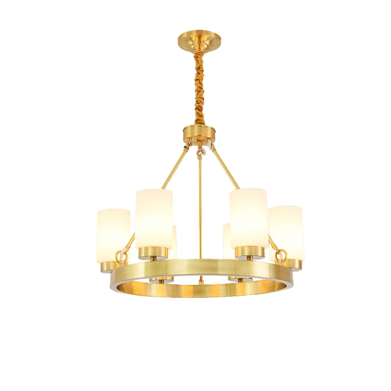 Wagon Wheel Frosted Glass Kroonluchter Licht Klassiek 4/6 Lichten Slaapkamer Hanglamp goud met cilinderkap Clearhalo