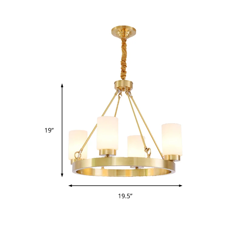 Wagon Wheel Frosted Glass Kroonluchter Licht Klassiek 4/6 Lichten Slaapkamer Hanglamp goud met cilinderkap Clearhalo