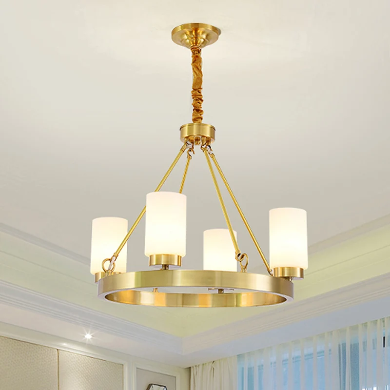 Wagon Wheel Frosted Glass Kroonluchter Licht Klassiek 4/6 Lichten Slaapkamer Hanglamp goud met cilinderkap Clearhalo