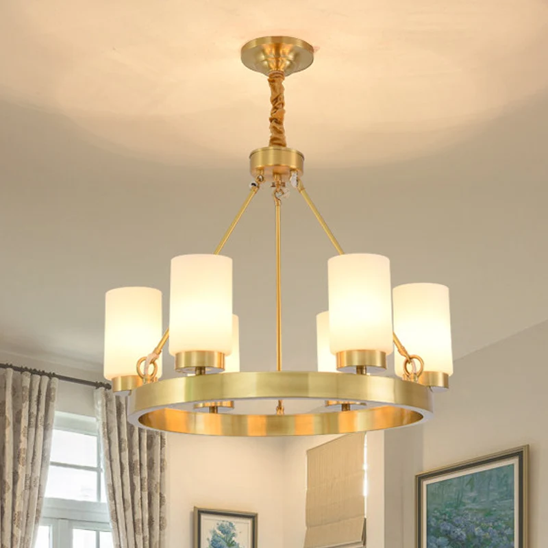 Wagon Wheel Frosted Glass Kroonluchter Licht Klassiek 4/6 Lichten Slaapkamer Hanglamp goud met cilinderkap Clearhalo
