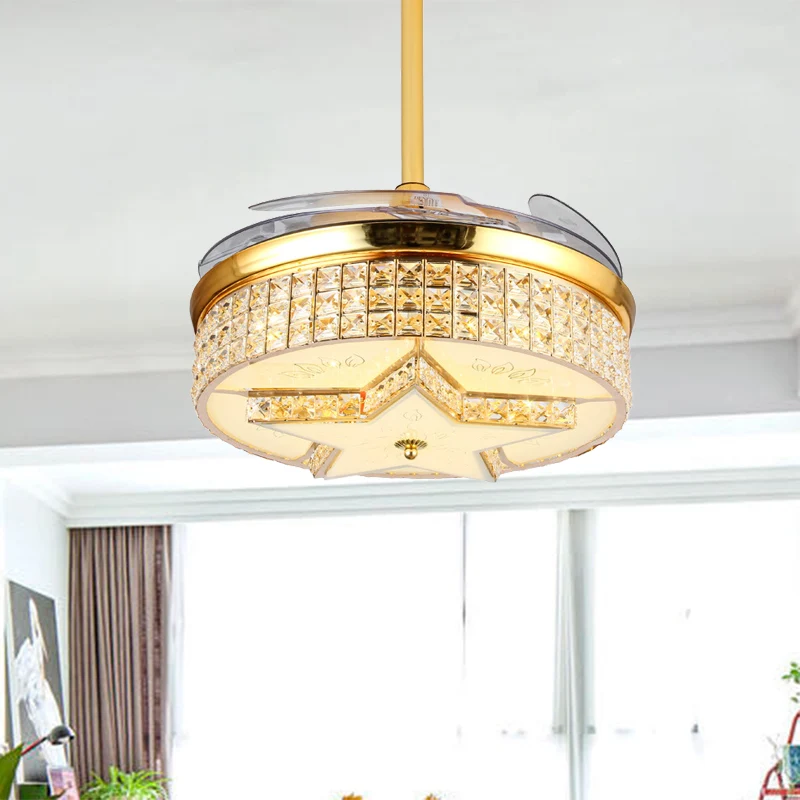 Wandbediening/Afstandsbediening/Frequentie Converteerbare Sterventilator Licht Modernistische Stijl Goud Ingebed Kristal L...