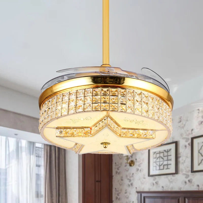 Wandbediening/Afstandsbediening/Frequentie Converteerbare Sterventilator Licht Modernistische Stijl Goud Ingebed Kristal L...