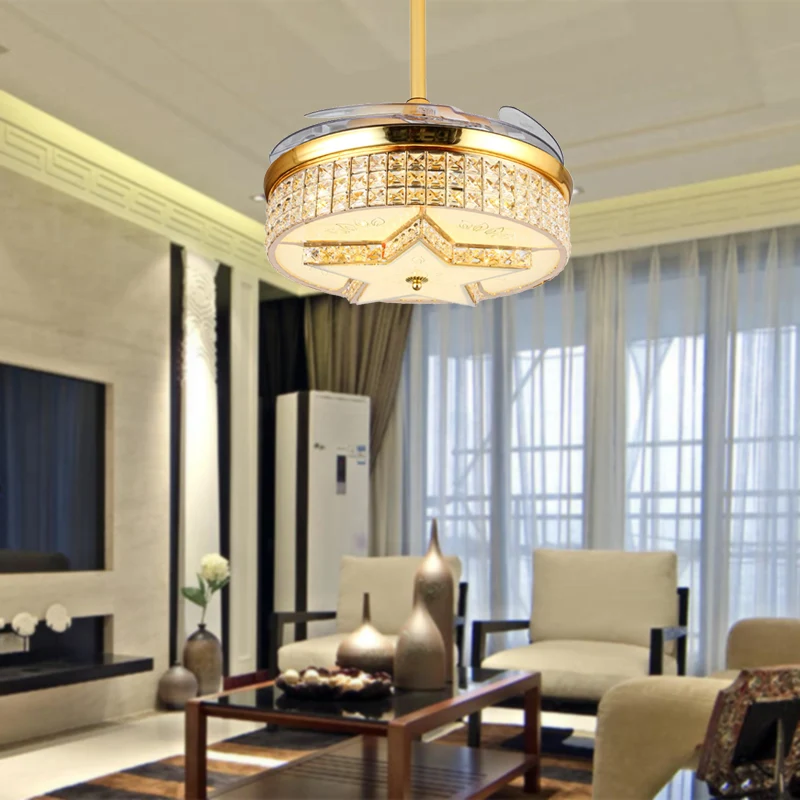 Wandbediening/Afstandsbediening/Frequentie Converteerbare Sterventilator Licht Modernistische Stijl Goud Ingebed Kristal L...