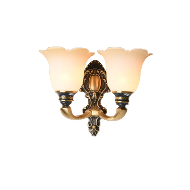 Wandkandelaar met bloemenmotief, traditioneel wit glas, 1/2-lichts messing wandlamp met metalen ronde arm Clearhalo